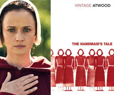 "Character in red robe and bonnet from 'The Handmaid's Tale' next to book cover depicting handmaids in red."