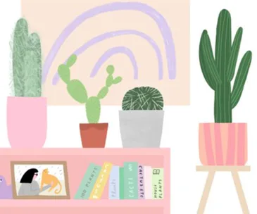 Illustration of various cacti in pots on shelves with books and a framed photo of a person with a cat.