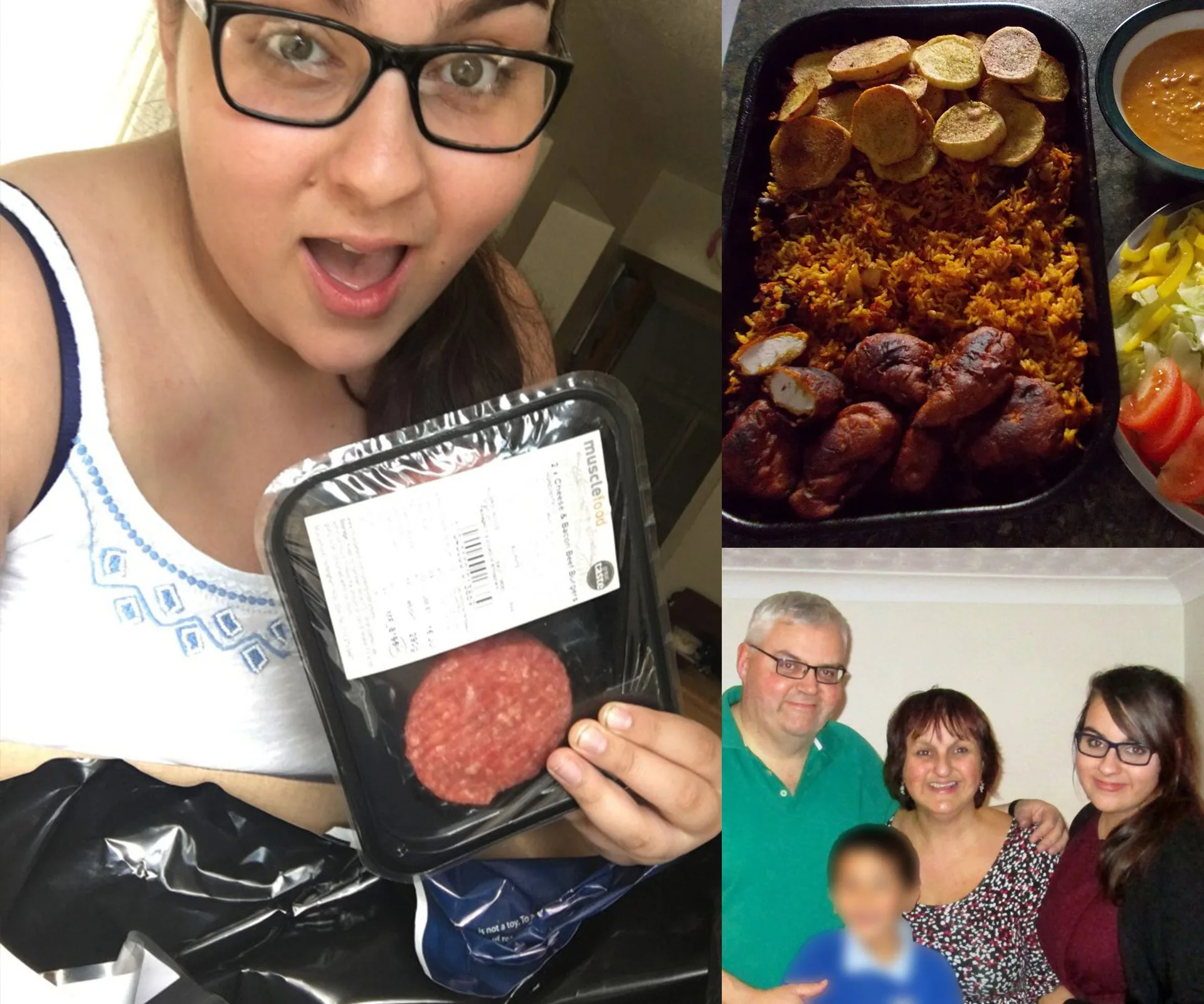 Teen holding packaged burger, a tray with cooked meal, and a family photo of four smiling together.