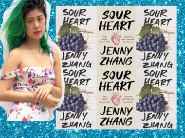 Jenny Zhang with vibrant green hair beside a patterned collage of her book, "Sour Heart," featuring grape illustrations.