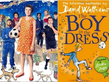 "Cover of 'The Boy in the Dress' by David Walliams, featuring a boy in an orange dress holding a soccer ball."