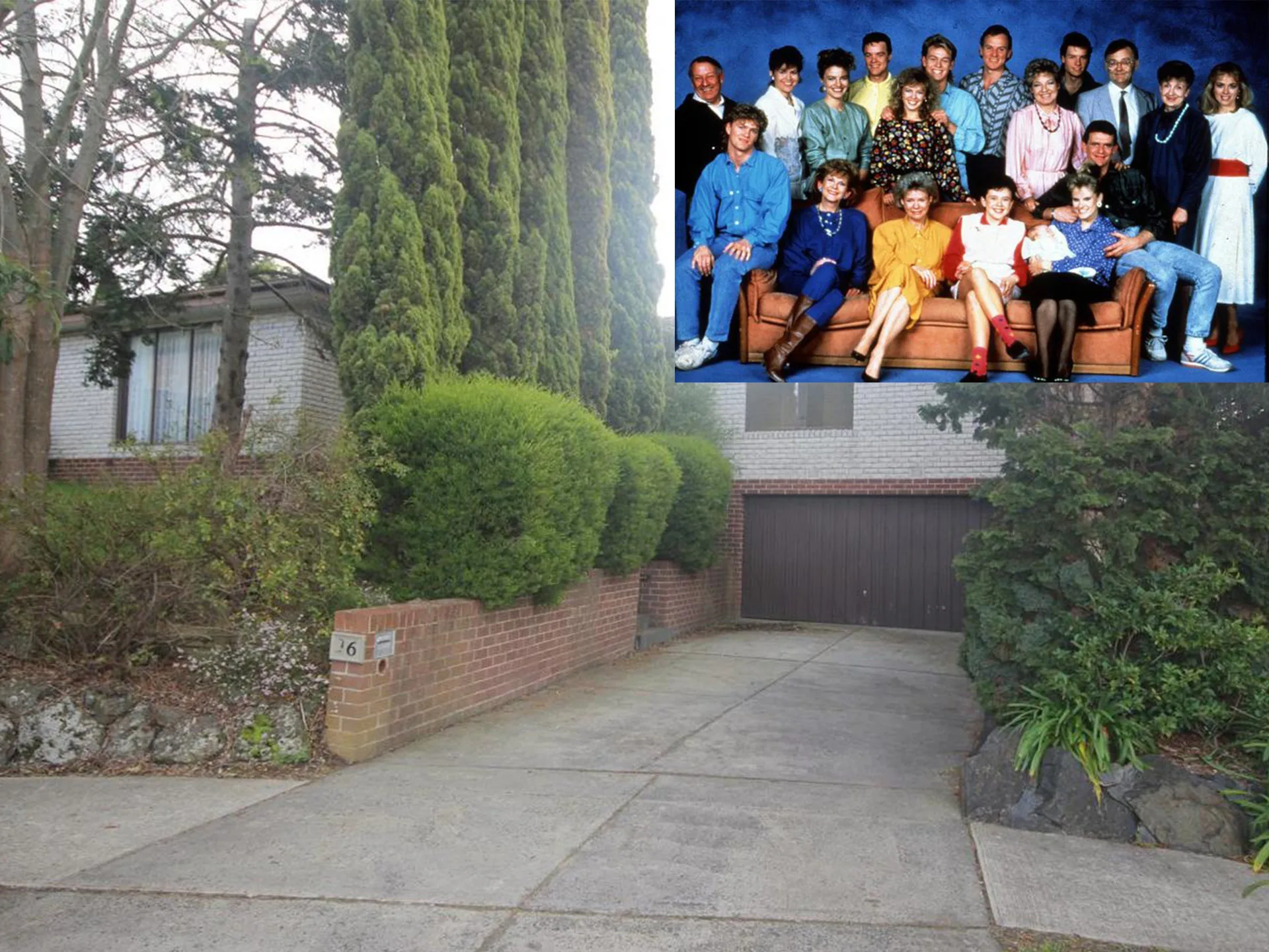 House on Ramsay Street with "Neighbours" cast inset showing characters in colorful 80s attire on a couch.