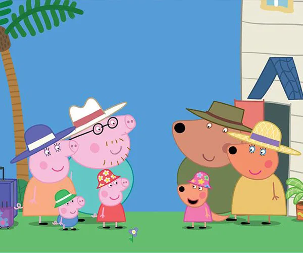 Peppa Pig characters in hats outdoors, with palm tree and house in the background.