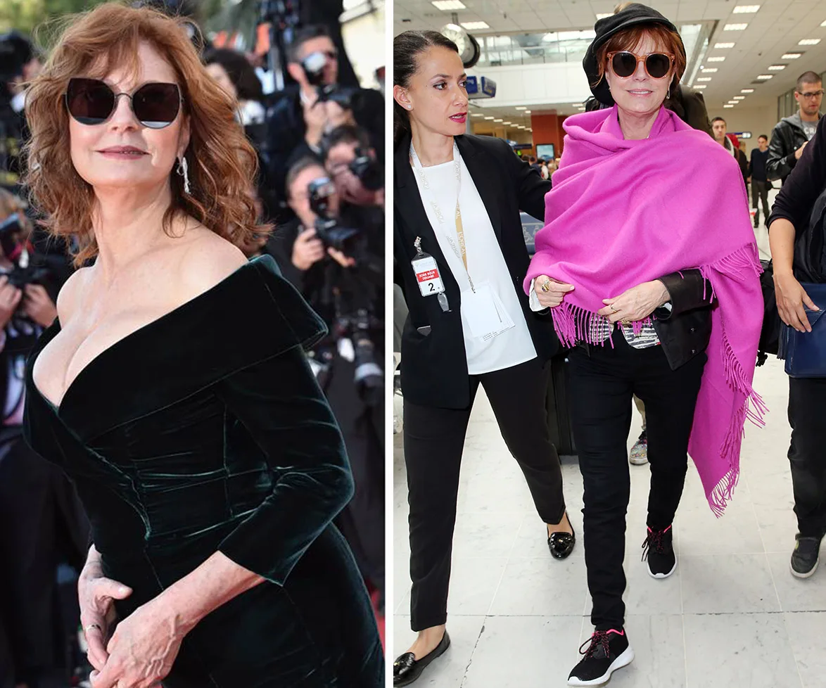 A woman in a black dress on a red carpet and in casual wear with a pink shawl, walking at an airport assisted by staff.
