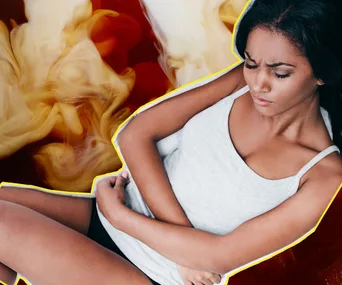"Woman in discomfort clutching stomach, IBS concept with swirling color background."