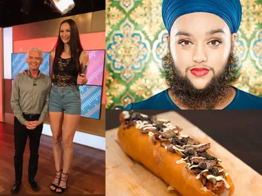 "Collage of tallest female, a woman with a beard, and an extravagant hotdog from 2018 Guinness World Records."