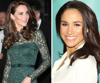 Two women smiling; left in a green lace dress, right in a white top, with long hair.