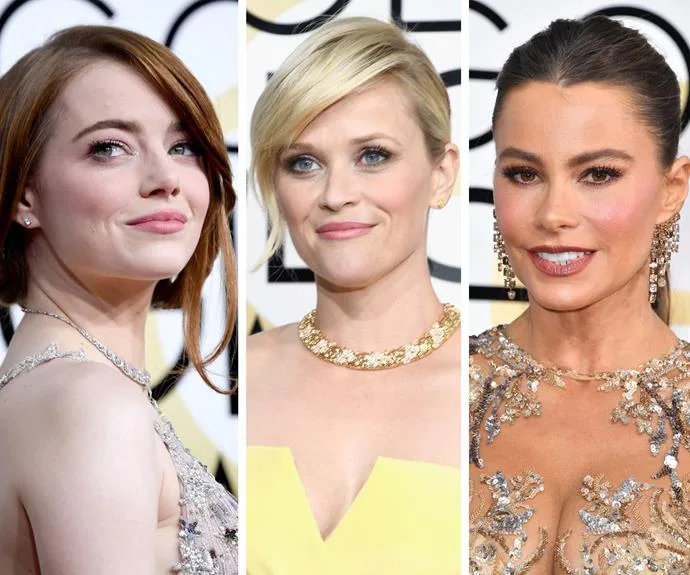 Red carpet looks of three women at a 2017 award show, wearing glamorous dresses and elegant jewelry.