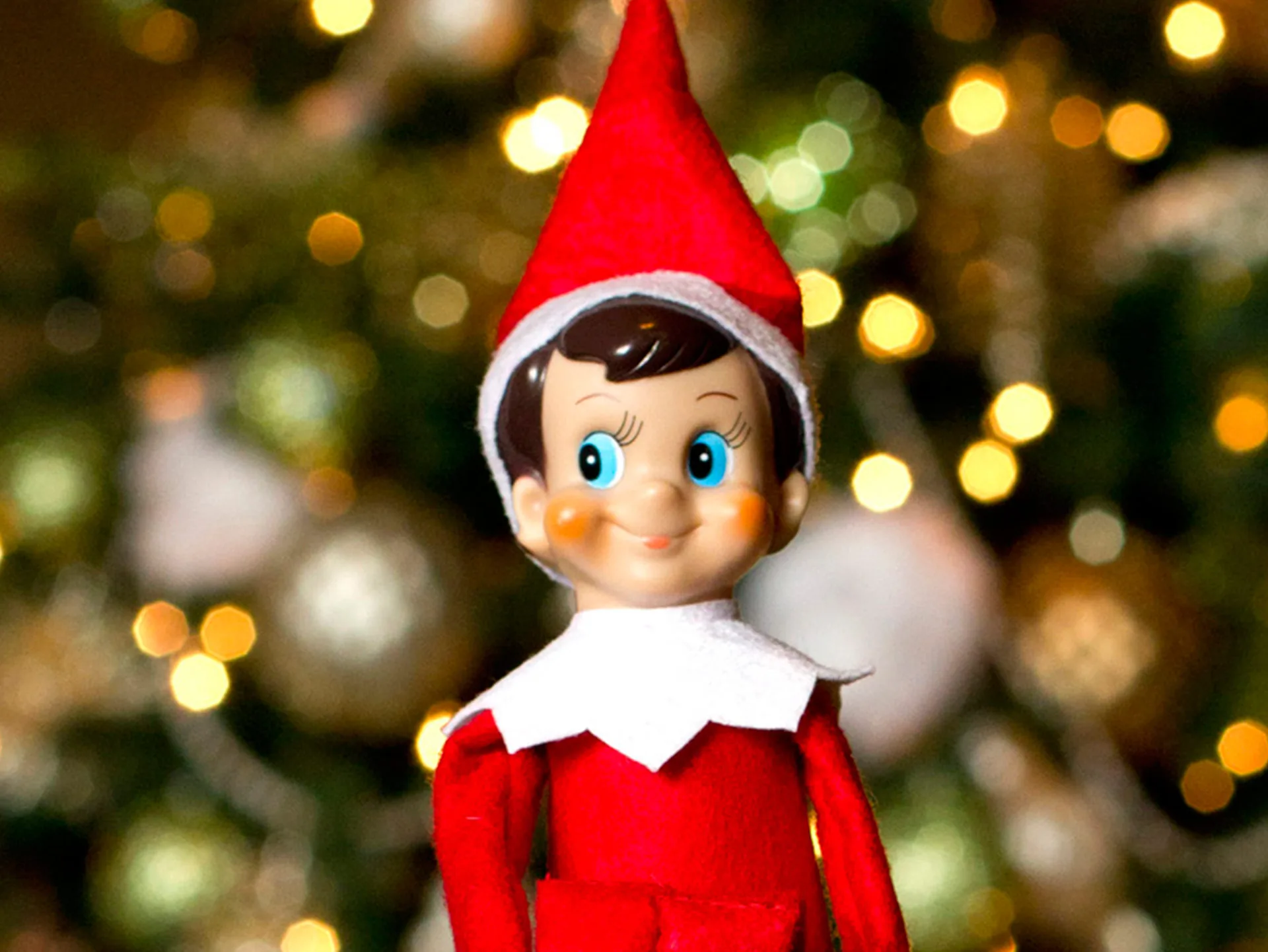 Elf on the Shelf doll with a red hat and suit, smiling with a Christmas tree in the background.