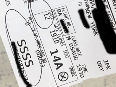 Boarding pass showing "SSSS" designation, indicating enhanced security screening. مقصد أورلي من نيويورك.