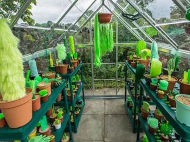 A vibrant greenhouse filled with bright green artificial plants in pots.
