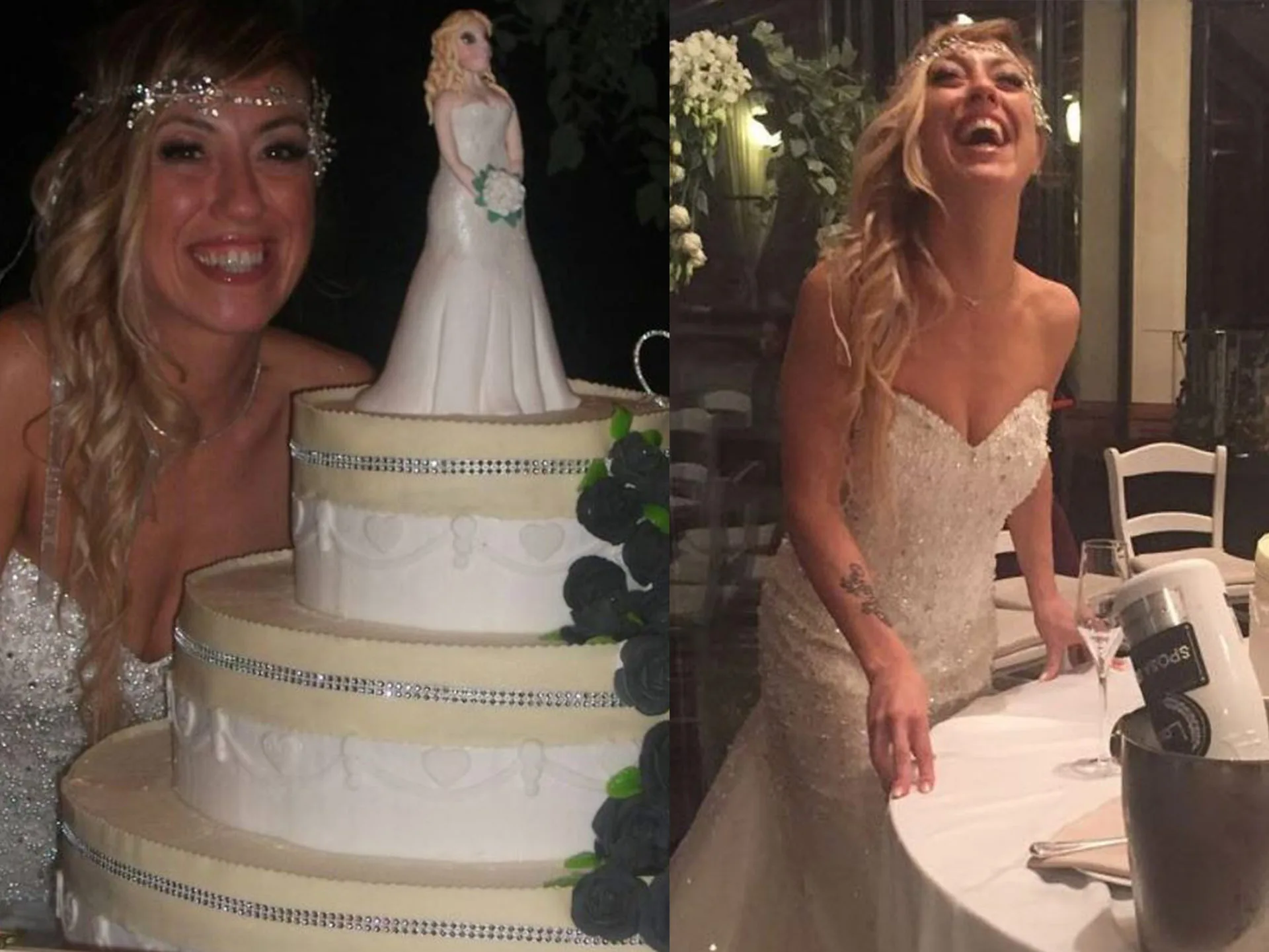 Smiling woman in wedding dress next to cake with bride topper, celebrating her unique ceremony.