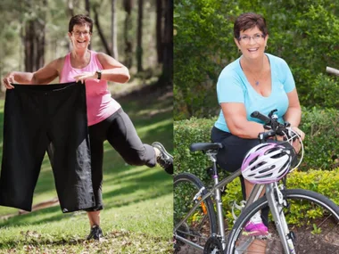 "Side-by-side of a smiling woman showing large pants on left and sitting on a bike on right, demonstrating weight loss."