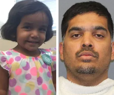 A young girl in a polka dot dress on the left and a man with short hair on the right side of the image.
