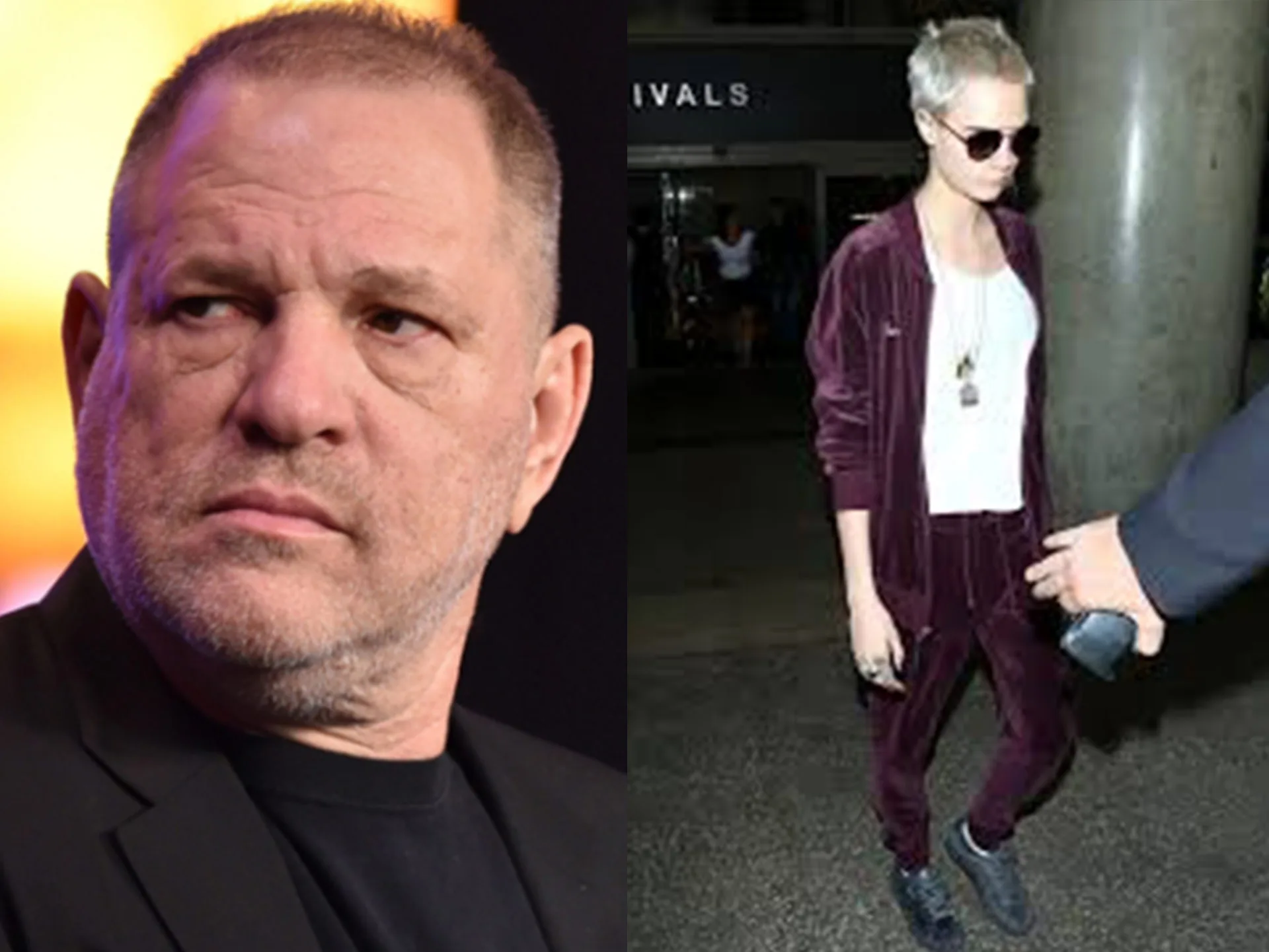 Alt text: "Two individuals, one in a suit looking aside, and another in sunglasses walking in casual attire."