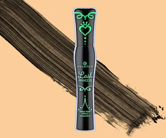 "Essence Lash Princess False Lash Effect Mascara with black brushstroke on beige background."