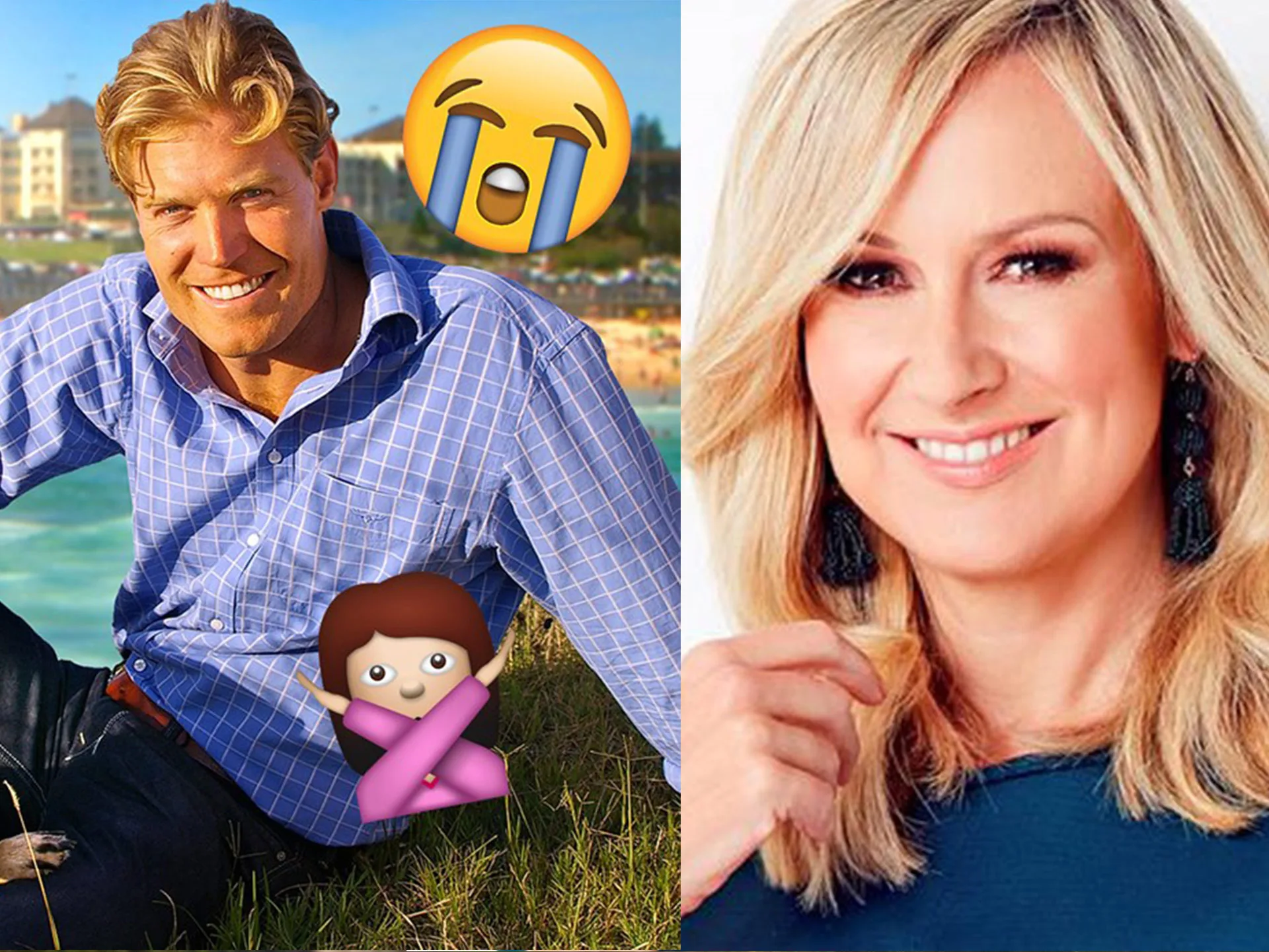 Two people, one smiling man outdoors with emojis and a woman smiling indoors.