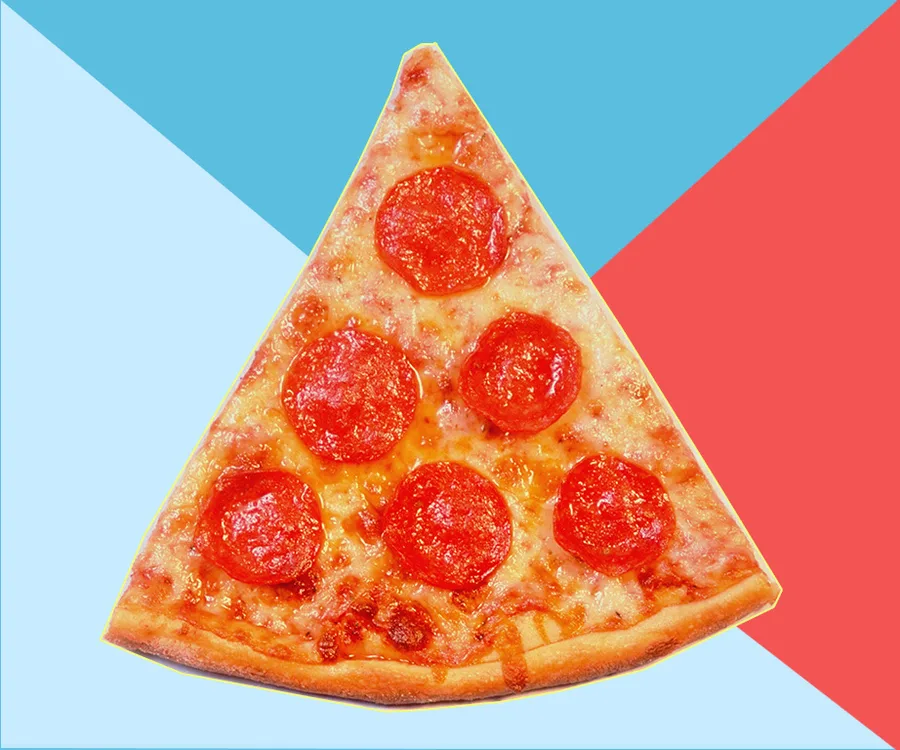 Slice of pepperoni pizza on a blue and red background.
