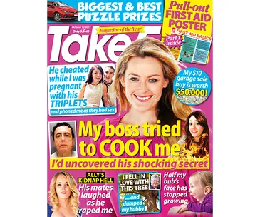 Magazine cover with article titles, a woman's smiling face, and the headline "My boss tried to COOK me."