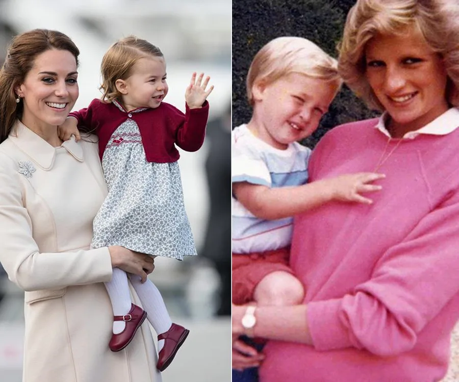 "Two side-by-side photos: a woman holding a child, both smiling. The first is modern; the second is vintage."