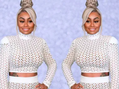 Two identical images of a woman in a white patterned outfit with a high bun hairstyle.