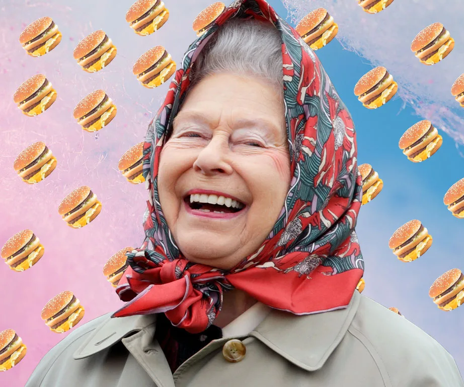 A smiling elderly woman in a patterned headscarf against a background of floating cheeseburgers.