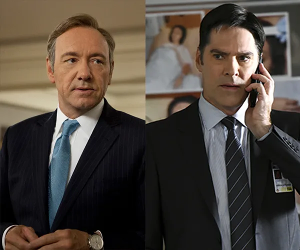 Image of two men in suits; one looks thoughtful, the other is on the phone; characters from TV dramas.
