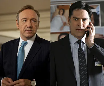 Image of two men in suits; one looks thoughtful, the other is on the phone; characters from TV dramas.