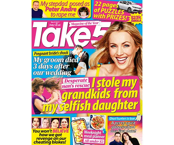 Cover of "Take 5" magazine, November 2017 issue, featuring headlines about dramatic personal stories and puzzles.