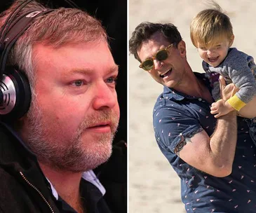 Kyle Sandilands in headphones; David Campbell holding a child at the beach.