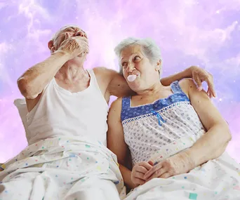 Elderly couple laughing in bed, playfully blowing bubblegum with a colorful galaxy-like background.