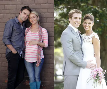 Two images: Left, a casually dressed couple embracing, one pregnant. Right, a smiling bride and groom with bouquet outdoors.
