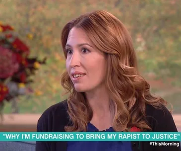 A woman speaking on a TV show about fundraising for justice, text reads: "Why I'm fundraising to bring my rapist to justice".