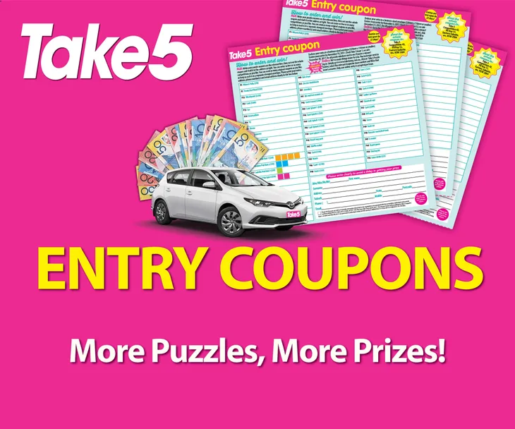 "Take 5 entry coupons, cash, and car prizes offer on a bright pink background."