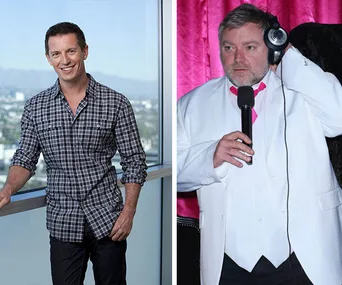 Two men: one in a checkered shirt by a window, another in a white suit with headphones, holding a mic in a pink setting.