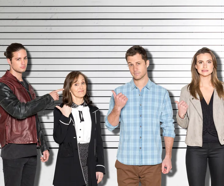 Four people in a police lineup, each pointing at one another with uncertain or accusatory expressions.