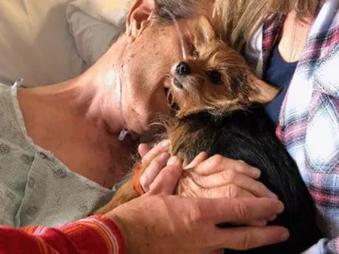 A dying man in a hospital bed hugs a small dog, surrounded by caring hands.