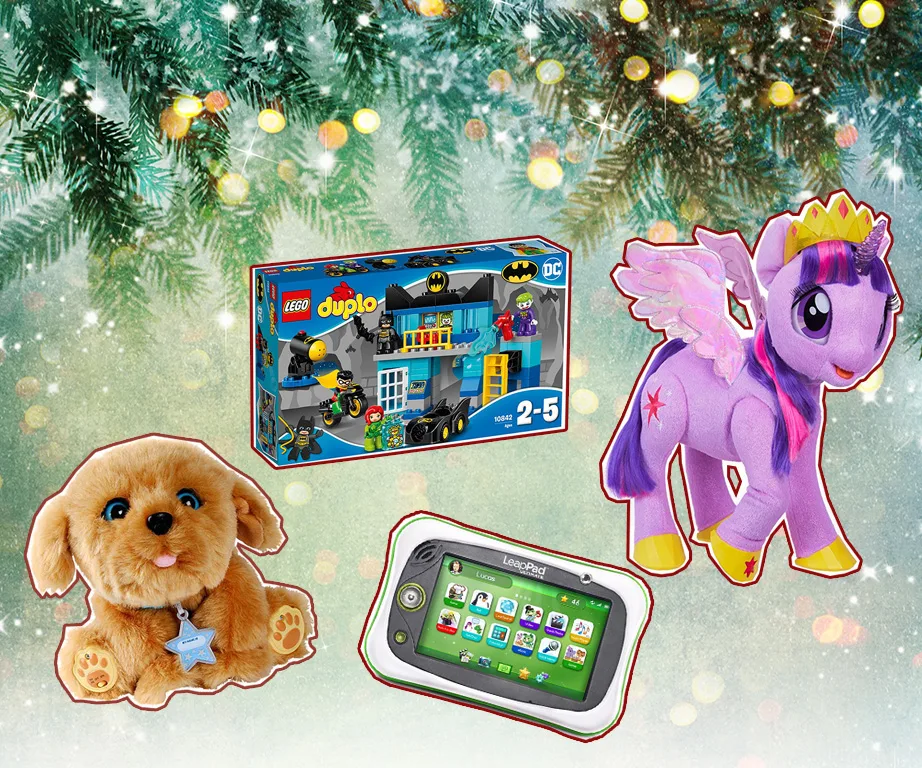 Four popular kids' toys for Christmas 2017: LEGO Duplo Batman set, plush dog, LeapPad, and My Little Pony character.
