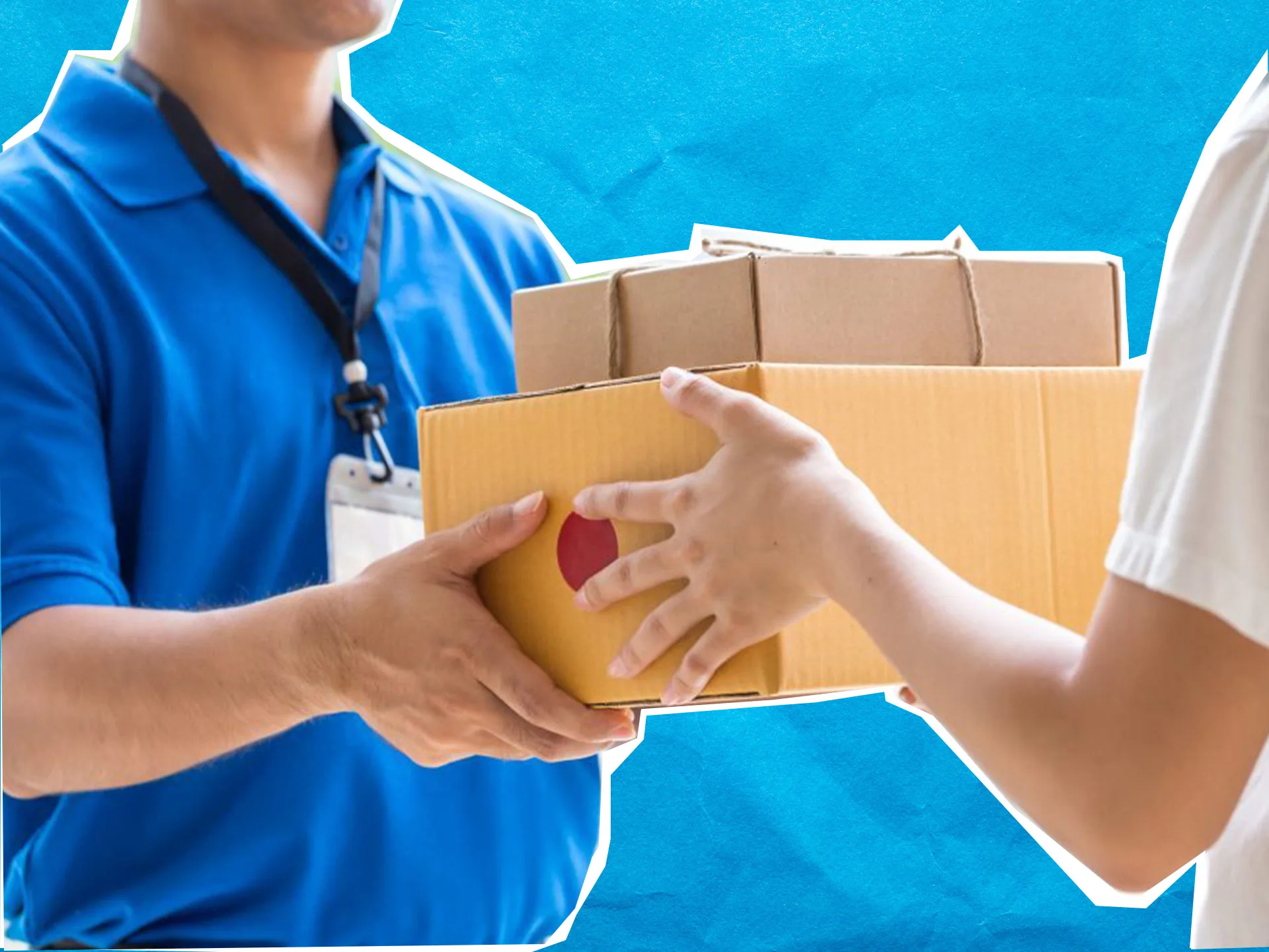 Delivery person handing a package to a customer against a blue background.