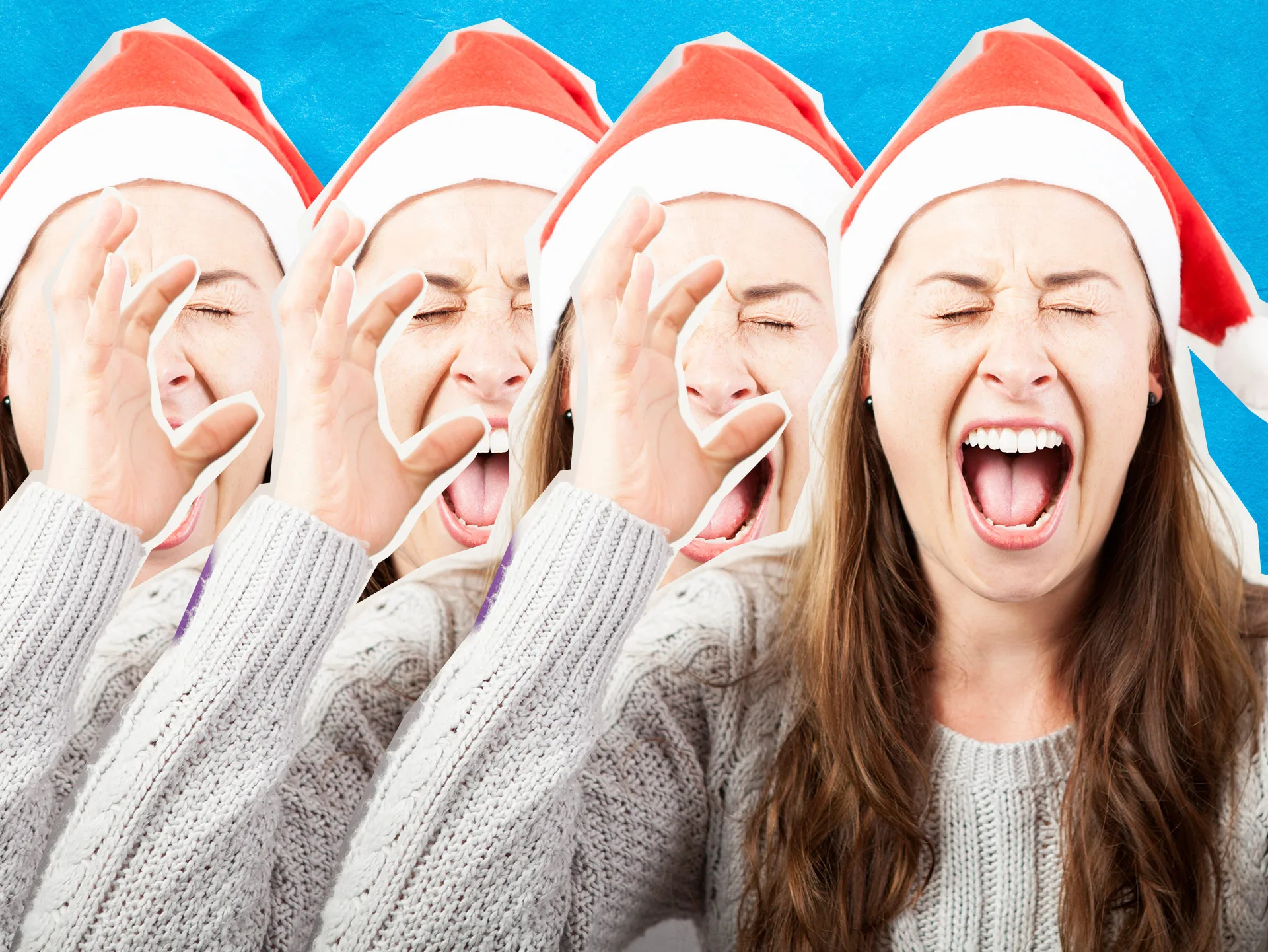 A woman in a Santa hat screams multiple times in a collage, expressing stress or frustration.