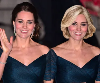 Two side-by-side images of a woman wearing a blue off-the-shoulder dress, displaying different hairstyles.