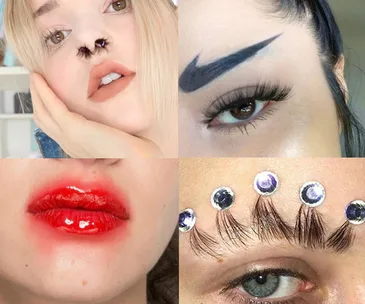 Quirky makeup: feathered nostrils, Nike swoosh eyebrow, smeared lipstick, googly eyes with lash eyebrows, 2017 trends.