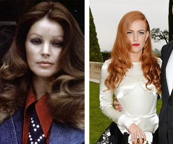 Two women with red hair and similar features; one in a vintage outfit, the other in a modern white dress holding a clutch.