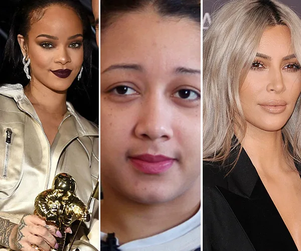 Three women side by side; woman on left holding award, middle woman looking ahead, woman on right posing on a red carpet.