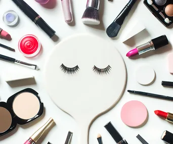 A variety of makeup products arranged around a mirror with eyelash design on it.