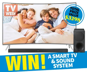 Family on a couch shown on a TV screen, with text "WIN! A Smart TV & Sound System" and prize value of $3298.