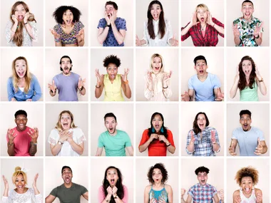 Grid of people displaying various expressions of surprise and excitement.