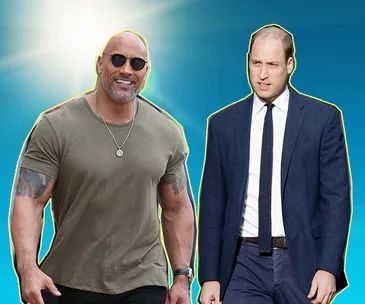 Two men, one in casual clothes and sunglasses, the other in a suit, stand side by side against a bright blue background.