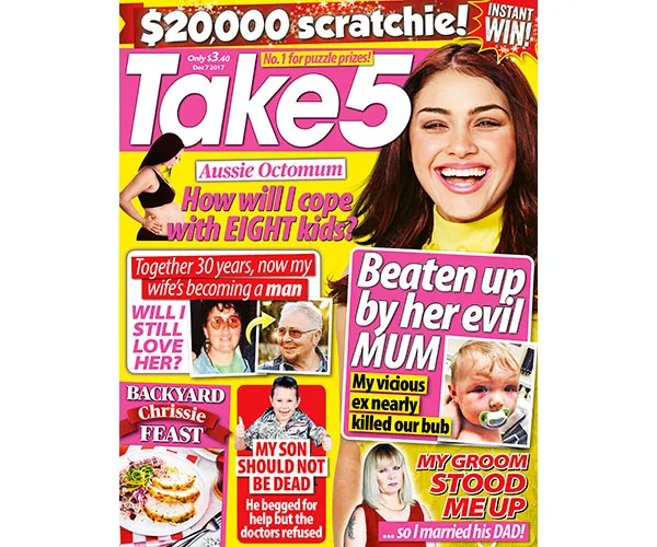 "Take 5 magazine cover featuring various headlines and a smiling woman; includes stories about family and personal struggles."
