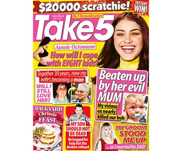 "Take 5 magazine cover featuring various headlines and a smiling woman; includes stories about family and personal struggles."